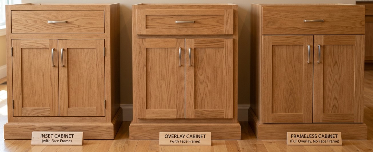 Comparison of three oak base cabinets showing inset with face frame, overlay with face frame, and frameless full overlay construction styles