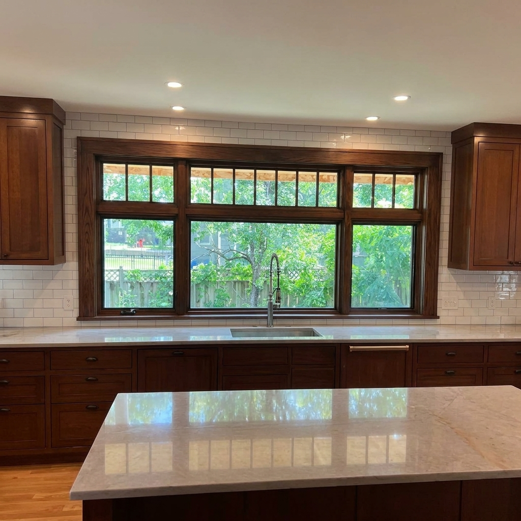 Custom cherry kitchen with a white subway tile backsplash, a wide window over the sink, and a marble-topped island
